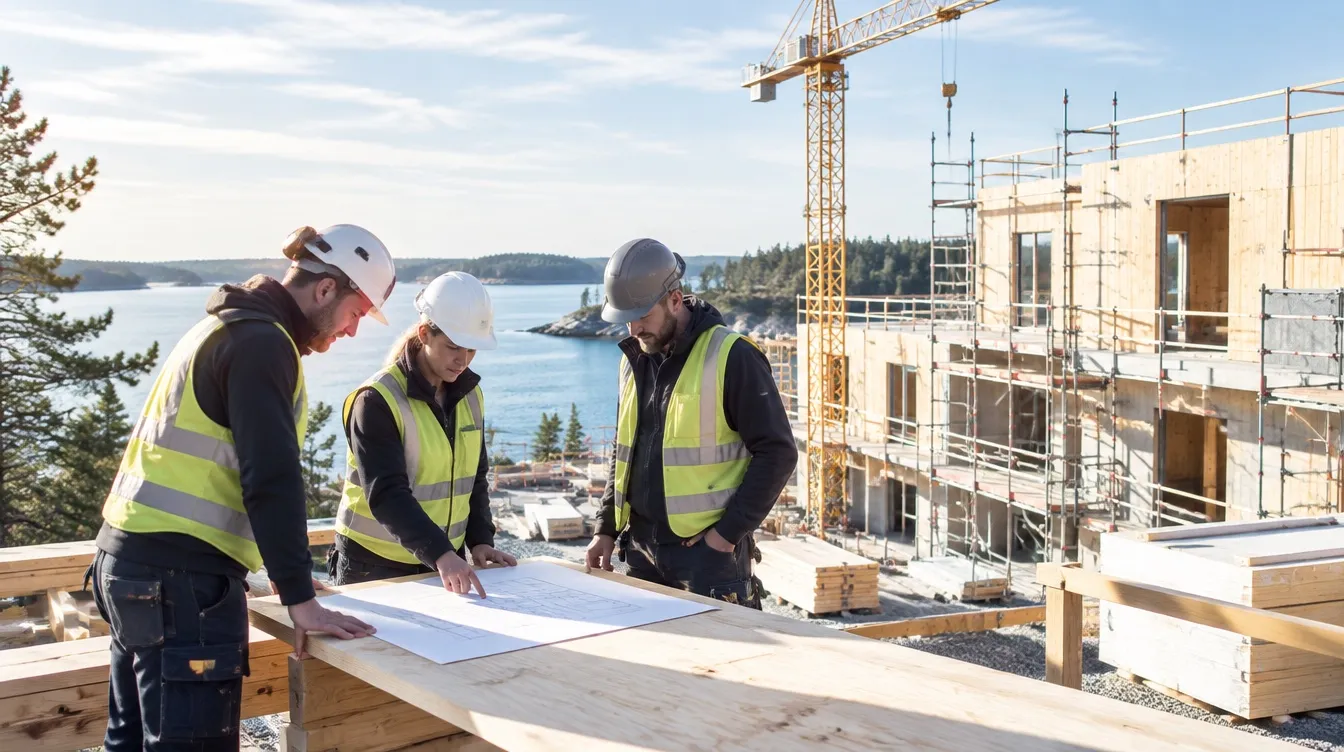 Arbetslag som går igenom en ritning framför ett bygge